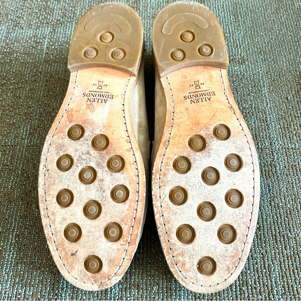 Allen Edmonds Bone Beige Suede Dylan Penny Loafers, size 12 E WIDE - Picture 10 of 13